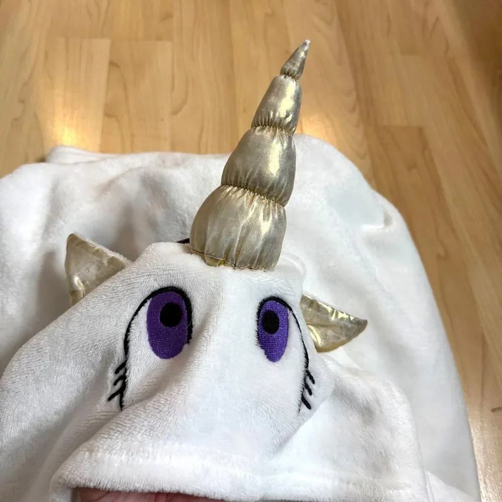 Kanguru Unicorn Fleece Hooded Blanket Wearable Plush Rainbow White Gold Horn